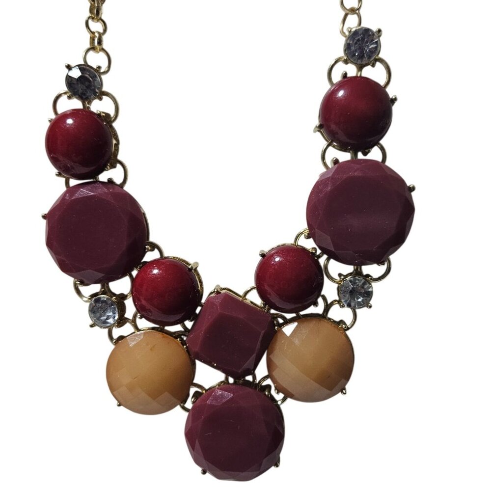 Vintage Chunky Beaded Bib Necklace Red Maroon Peach Beads Statement Jewelry